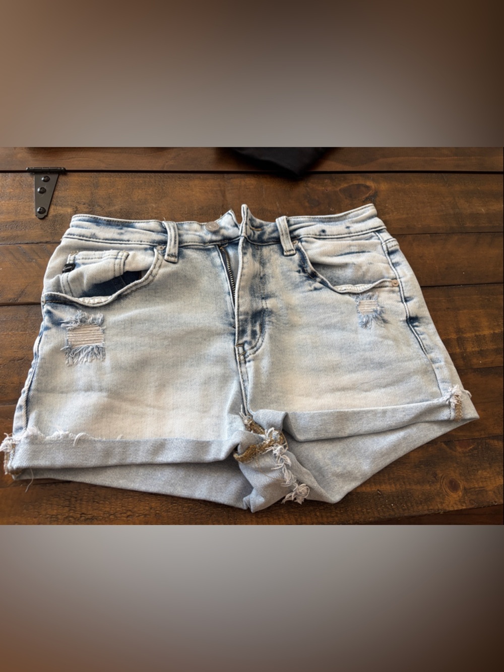 Karen Kane Light Wash Distressed Cropped Denim Shorts